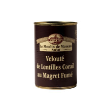 Velouté aux lentilles corail et magret fumé