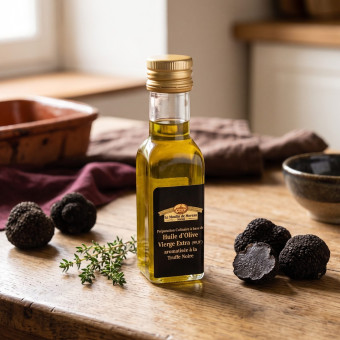 Préparation culinaire à base d'huile dolive vierge extra (99,9%) aromatisée à la truffe noire