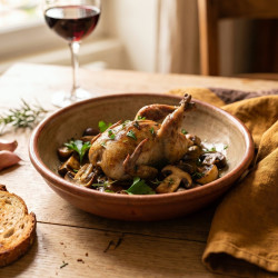 Cailles sur lit de cèpes à la graisse de canard